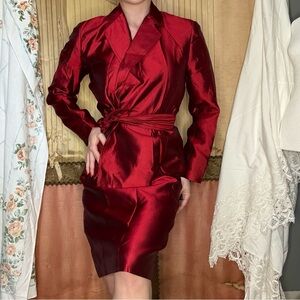 Chic Red Silk Blazer and Skirt Ensemble